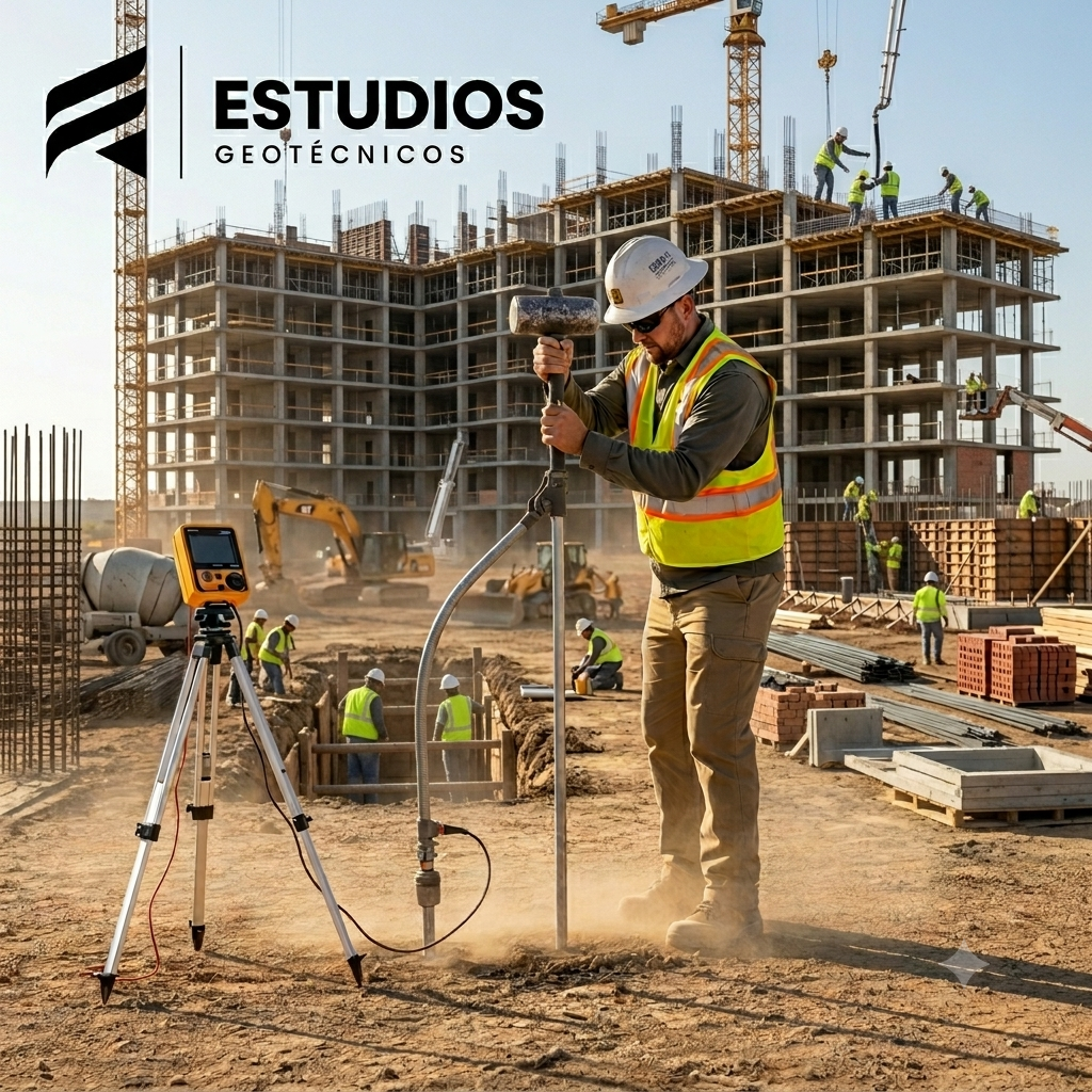 Estudio geotécnico para la construcción de un edificio de viviendas con el logotipo de Estudios Geotécnicos en la esquina superior izquierda.