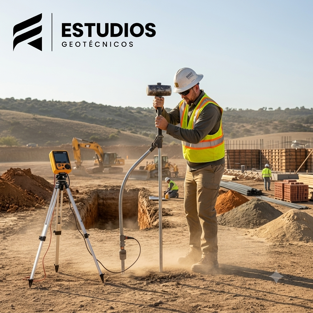 Técnico realizando estudio geotécnico en terreno de construcción residencial con el logotipo de Estudios Geotécnicos.