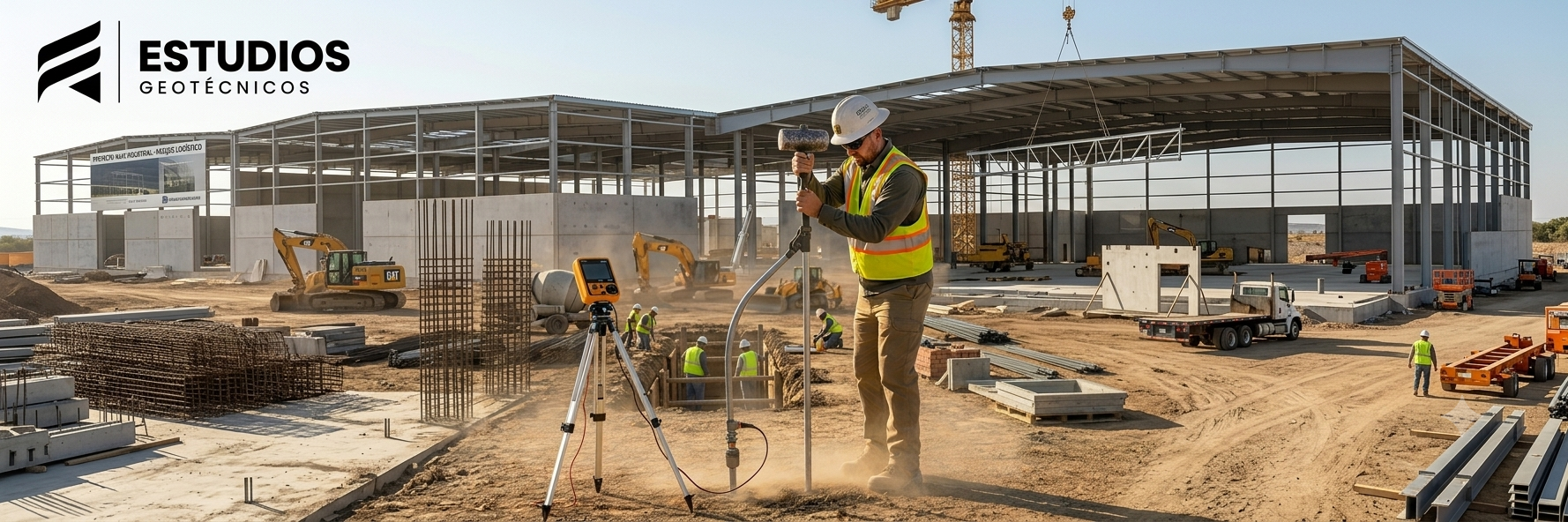 Estudio geotécnico previo a la construcción de naves industriales con el logotipo corporativo de Estudios Geotécnicos.