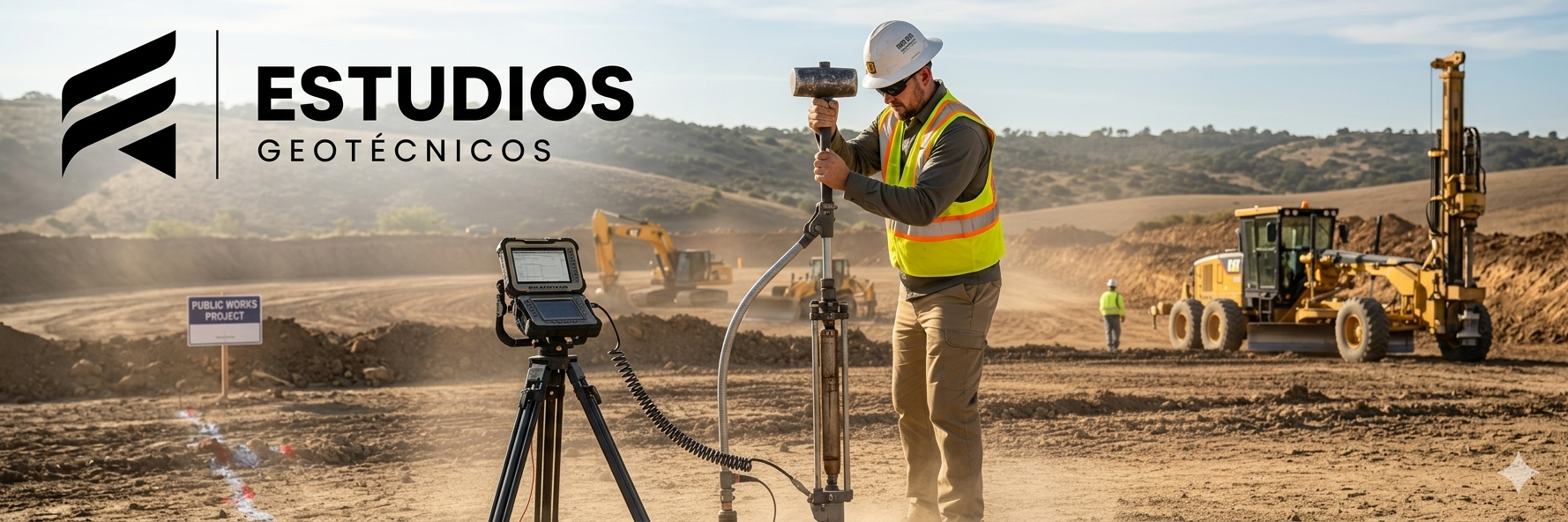 Estudio geotécnico para obras públicas con maquinaria de construcción y operario utilizando equipo de medición en terreno.